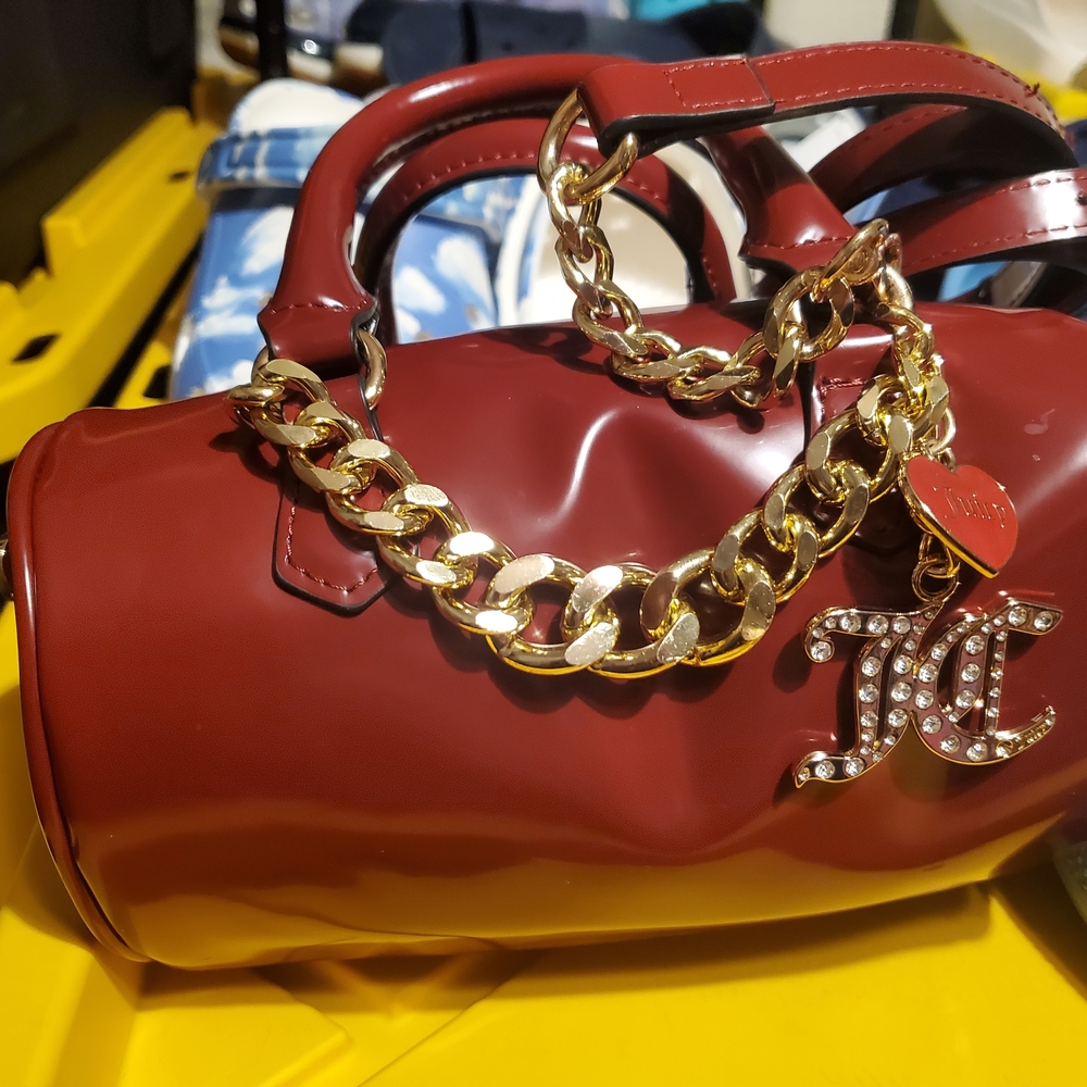 Juicy Couture Barrel Bag Women Small Burgundy Heart Crossbody Rhinestone Charms